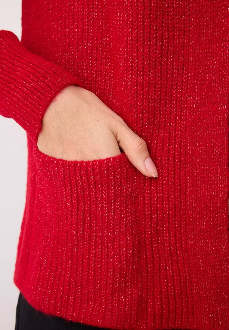 Red Wide Fit Soft Textured Pocket Detailed Knitwear Cardigan