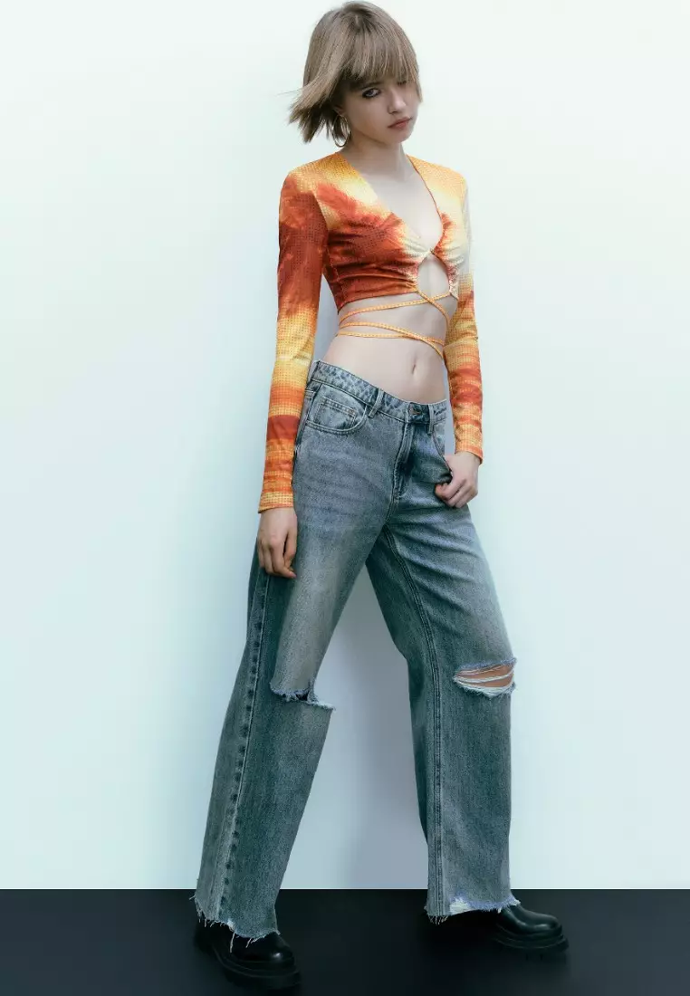 女装时髦欧美绑带辣妹印花短款开襟衬衫