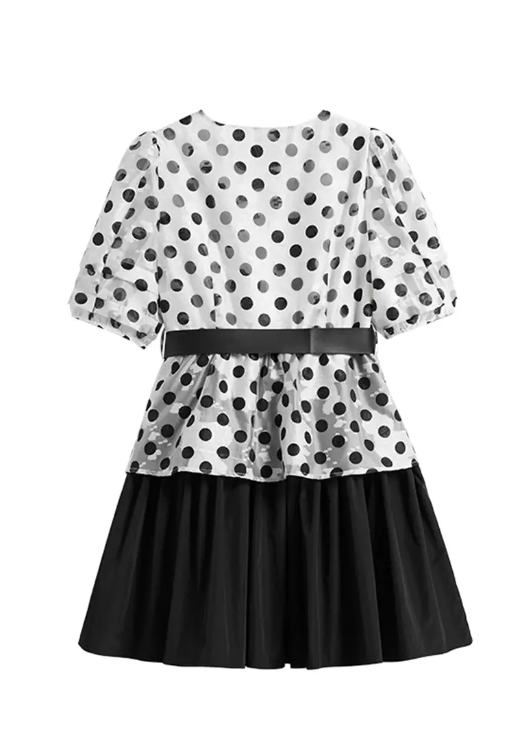 Two Tone Polka Dot Front Wrap Dress with Waist Tie