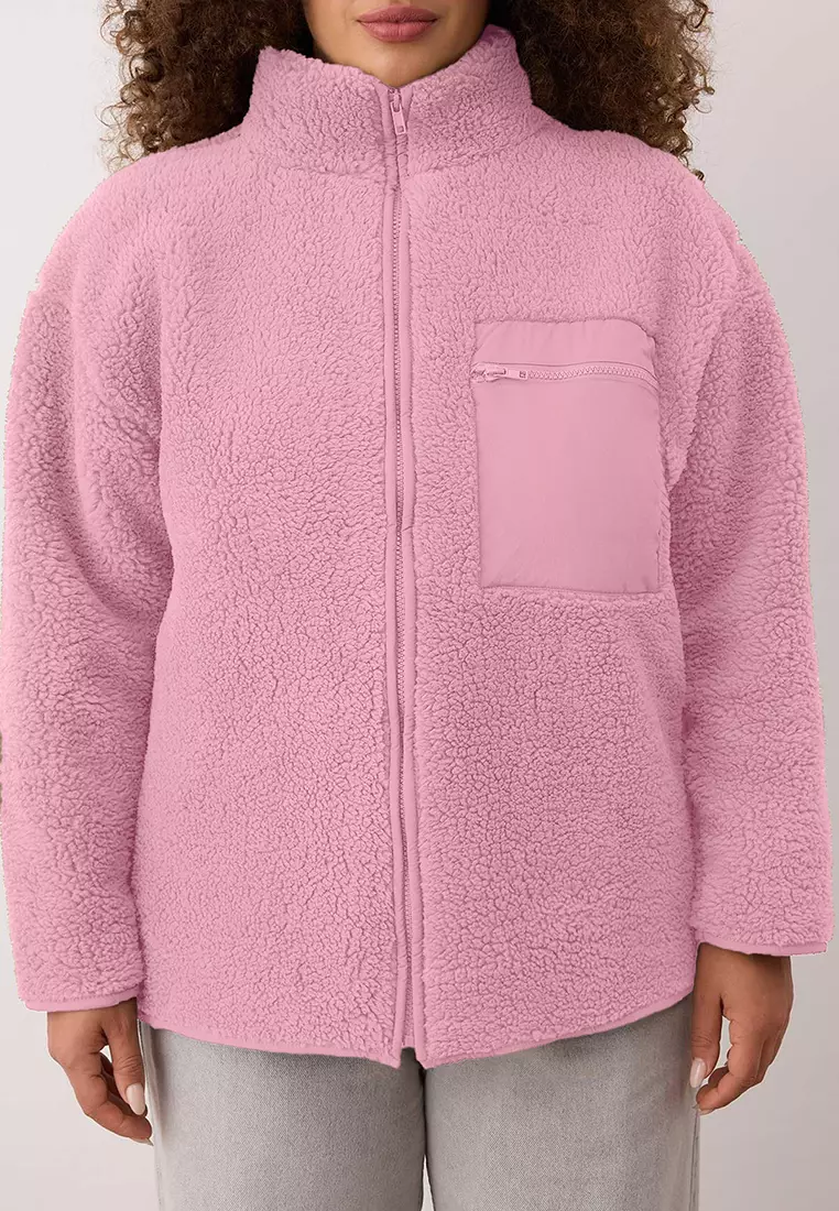 Winter Essentials Pink Thick Fleece Zippered Mock Neck Pocket Knitted Sweatshirt Tbbaw26Ao00022
