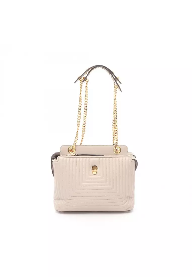 Pre-Loved Fendi DOT COM dot com click W chain shoulder bag leather Gray beige