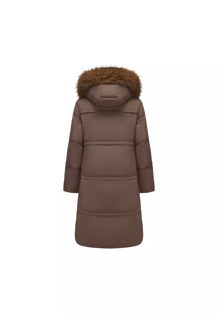 Plush Faux Fur-Trimmed Hood Mid-Length Down Jacket