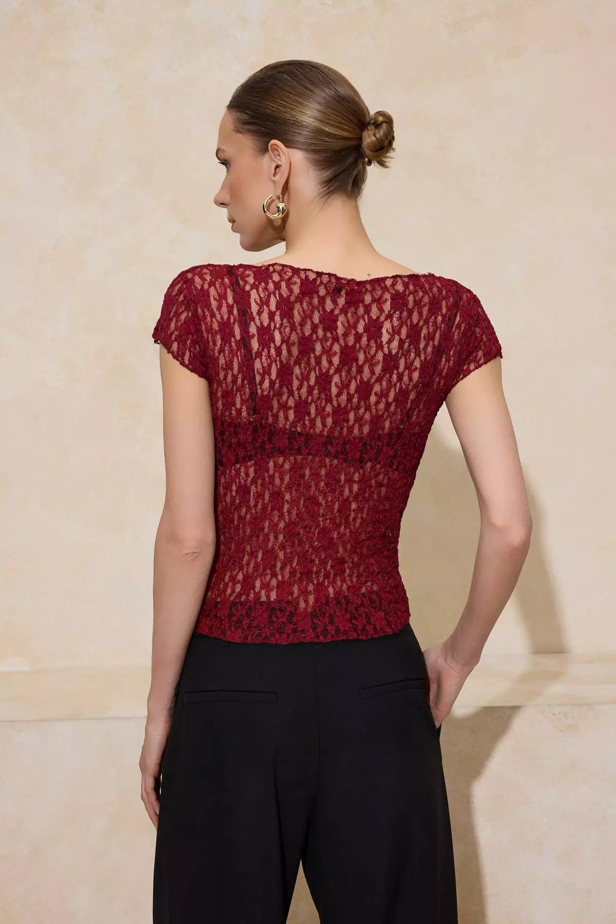 Burgundy Fitted/Bodycon Boat Neck Short Sleeve Lace Knitted Blouse Twoss26Bz185
