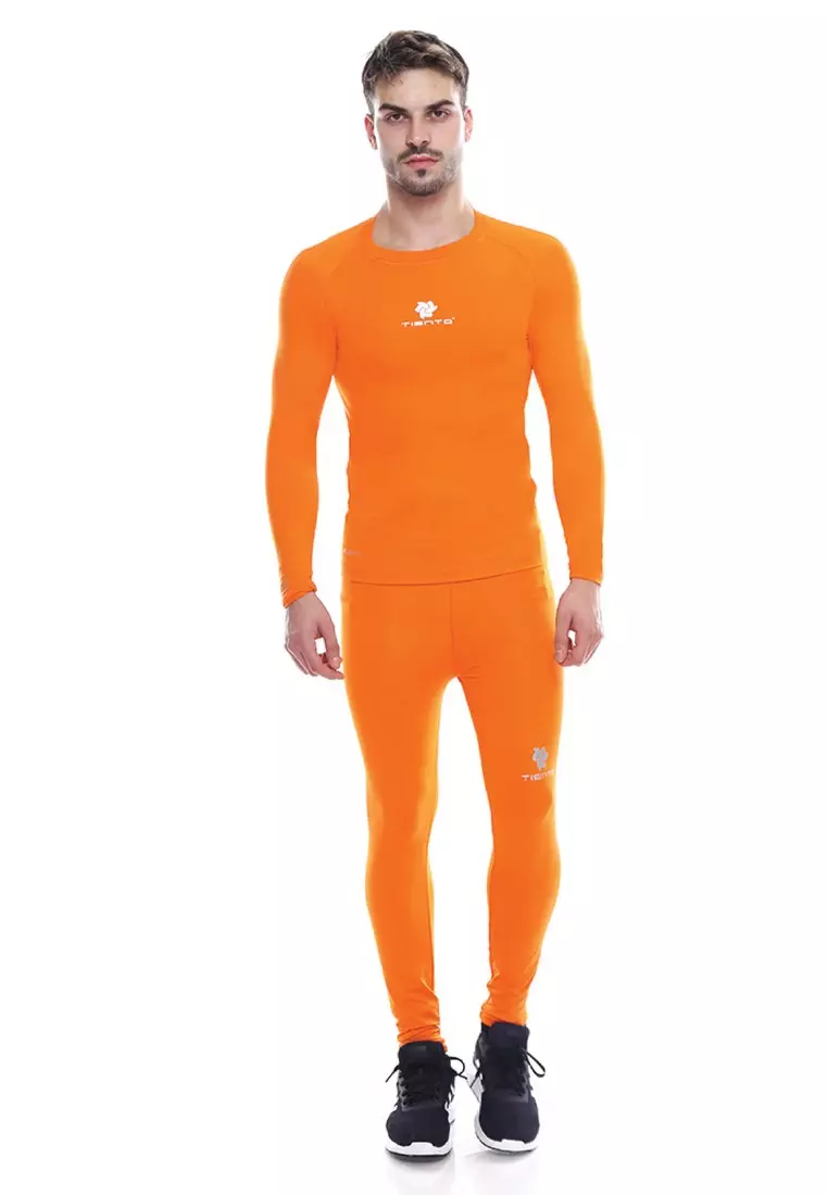 Tiento Man Baselayer Baju Ketat Manset Olahraga Pria Long Sleeve Orange Rashguard Sport Original