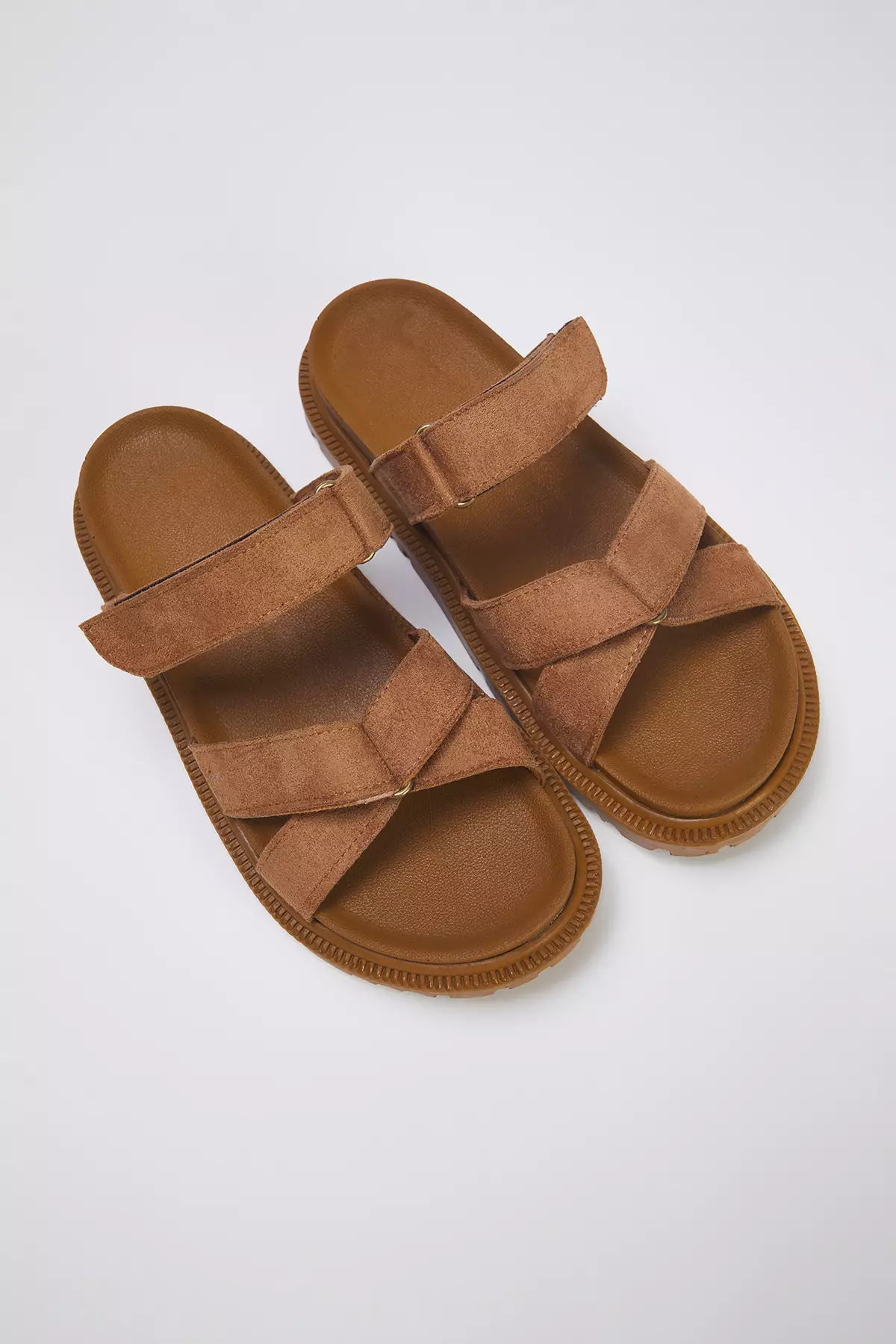 Tan Suede Velcro Banded Flat Women's Slippers Takss25Te00003