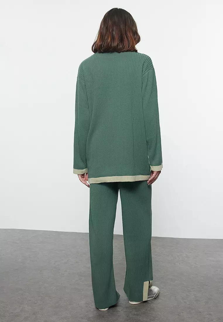 Petrol Green Colored Piping Detailed Knitwear Bottom-Top Set TCTAW25US00059
