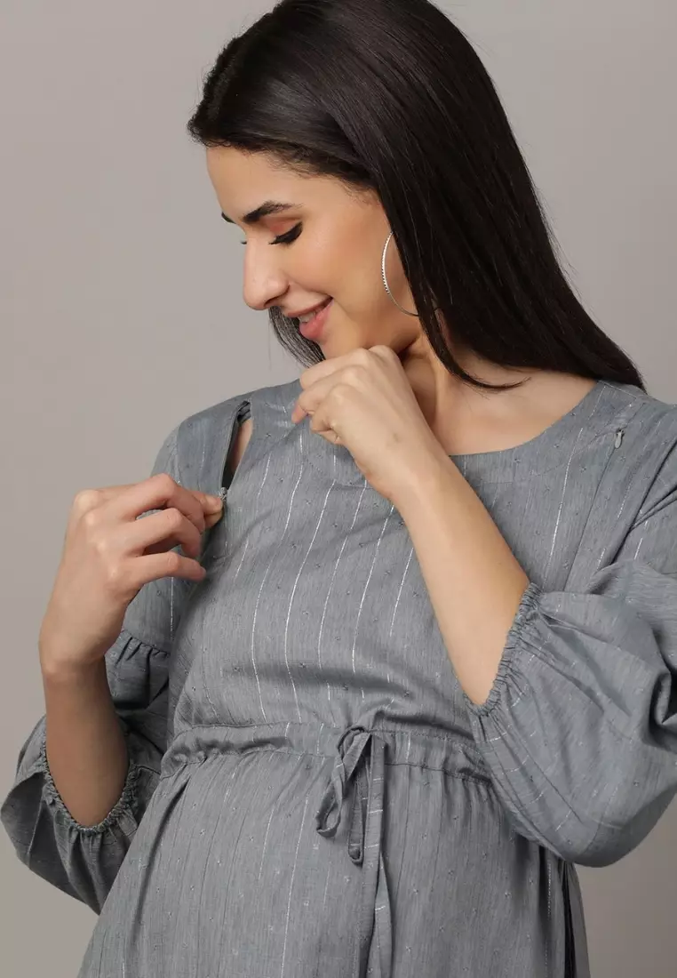 Arona Grey Shimmer Stripes Maternity And Nursing Dress