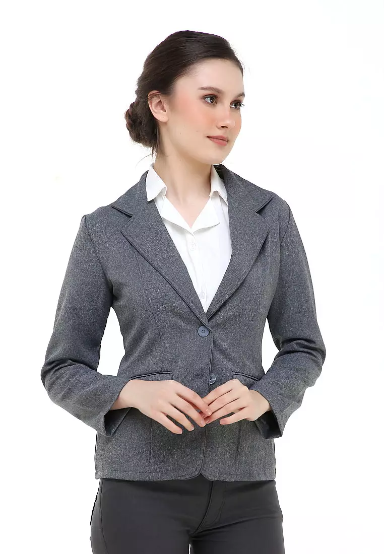 Qemsya Jas Blazer Wanita Premium Formal Longsleeve Suit Material Polyester ORIGINAL - Gray