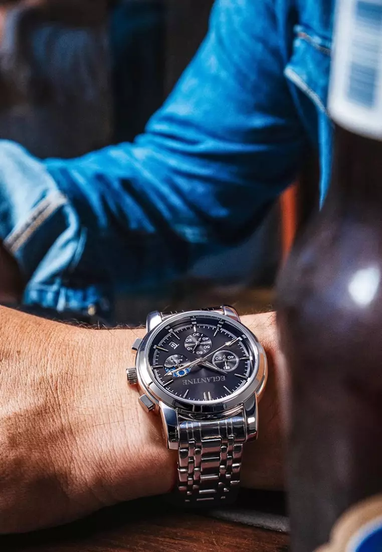 FREJUS Unisex Chronograph Quartz Watch, Black Dial, 40mm, Stainless Steel Bracelet