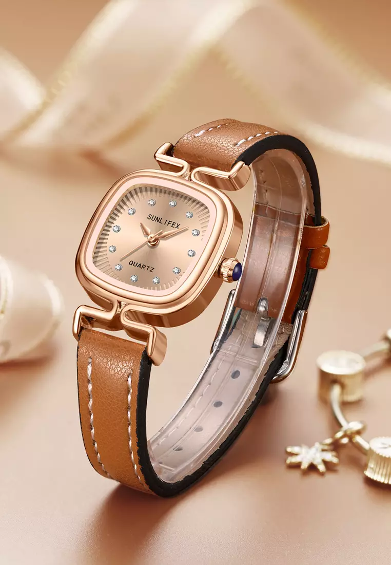 Jam Tangan Wanita Original Korea Retro Anggun Kuarsa Berlian Jam Tangan Cewek 5996 brown
