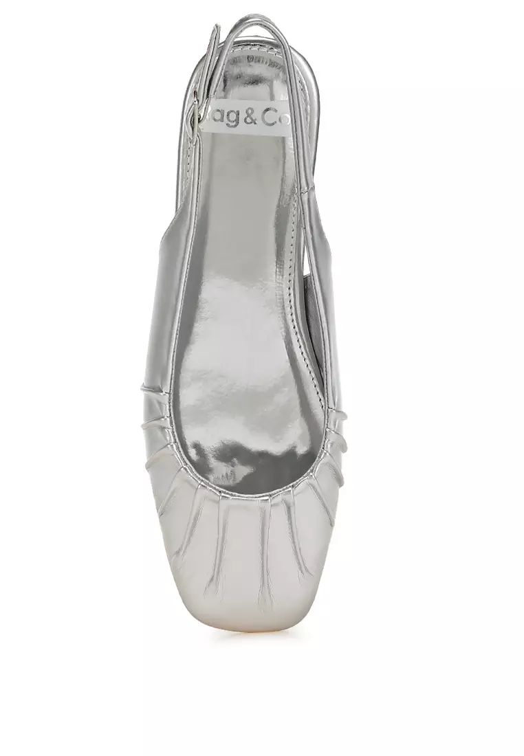 Metallic Square Toe Flat Slingbacks in Silver