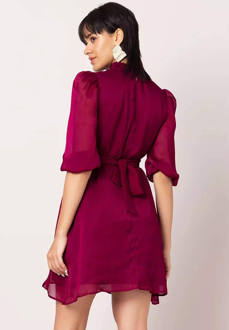 Purple High Neck Dress With Belt