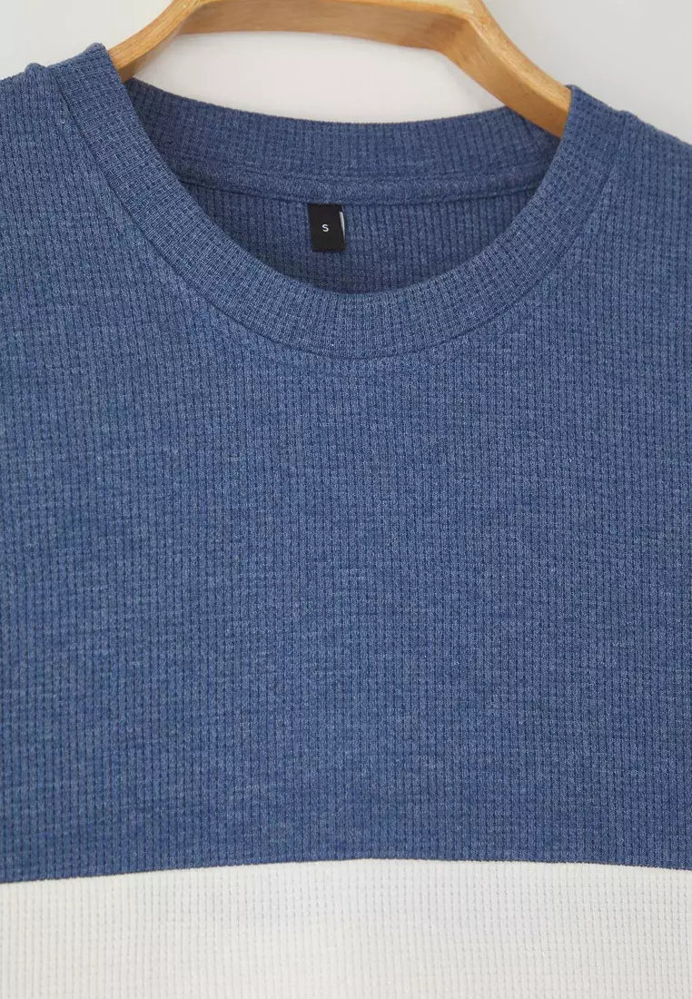 Indigo Oversize/Wide Cut Color Block Textured T-Shirt TMNSS25TS00065