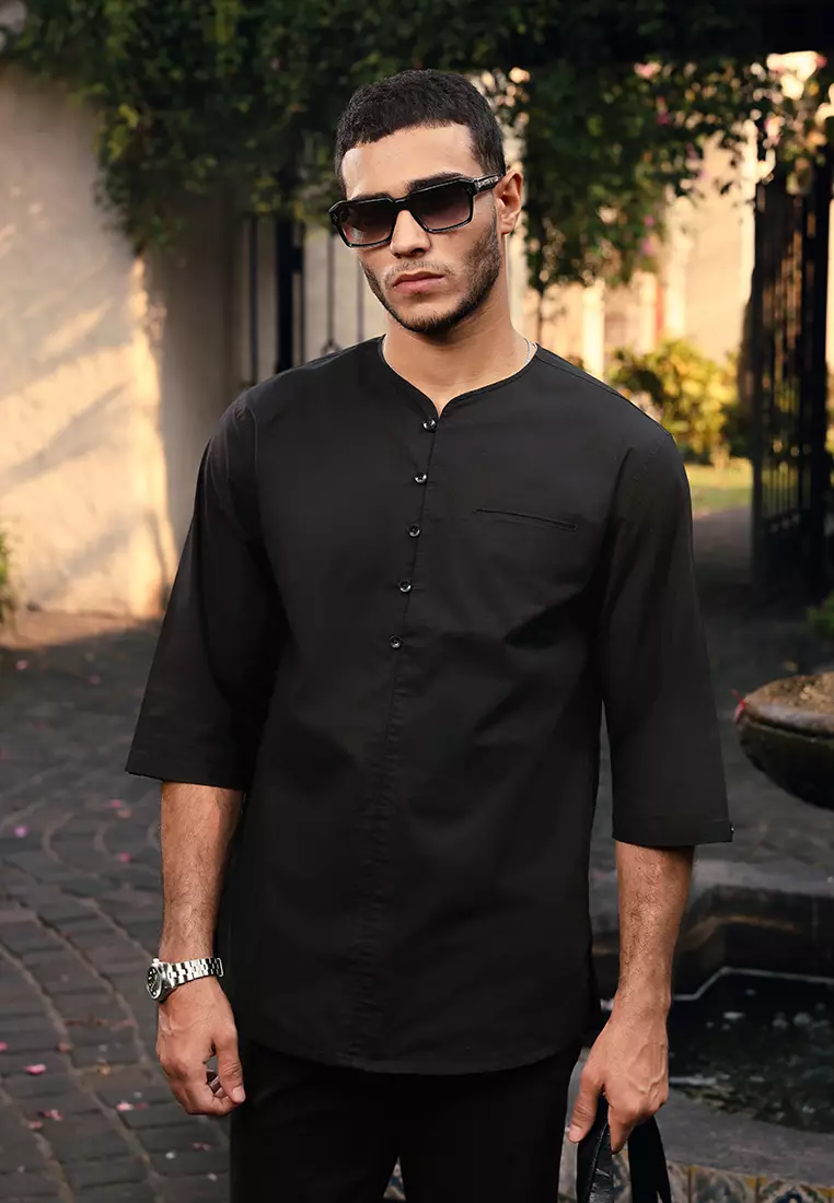 OXCON kemeja Vneck Henley Collarless shirt Black