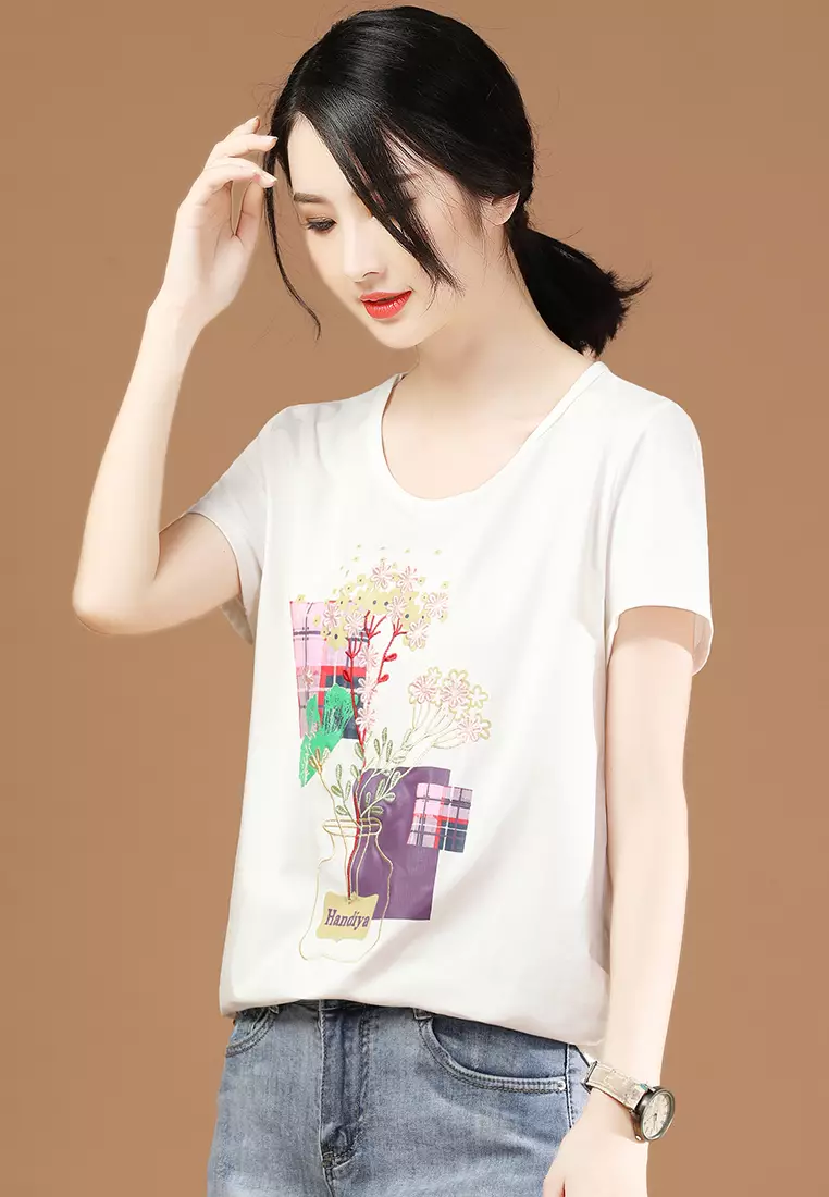 A IN GIRLS Simple Round Neck Embroidered T Shirt 2024 Buy A IN