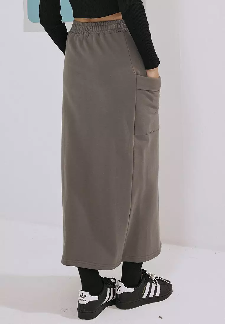 Casual Front Slit Pocket Elastic Waist Maxi Skirt [CA2991]