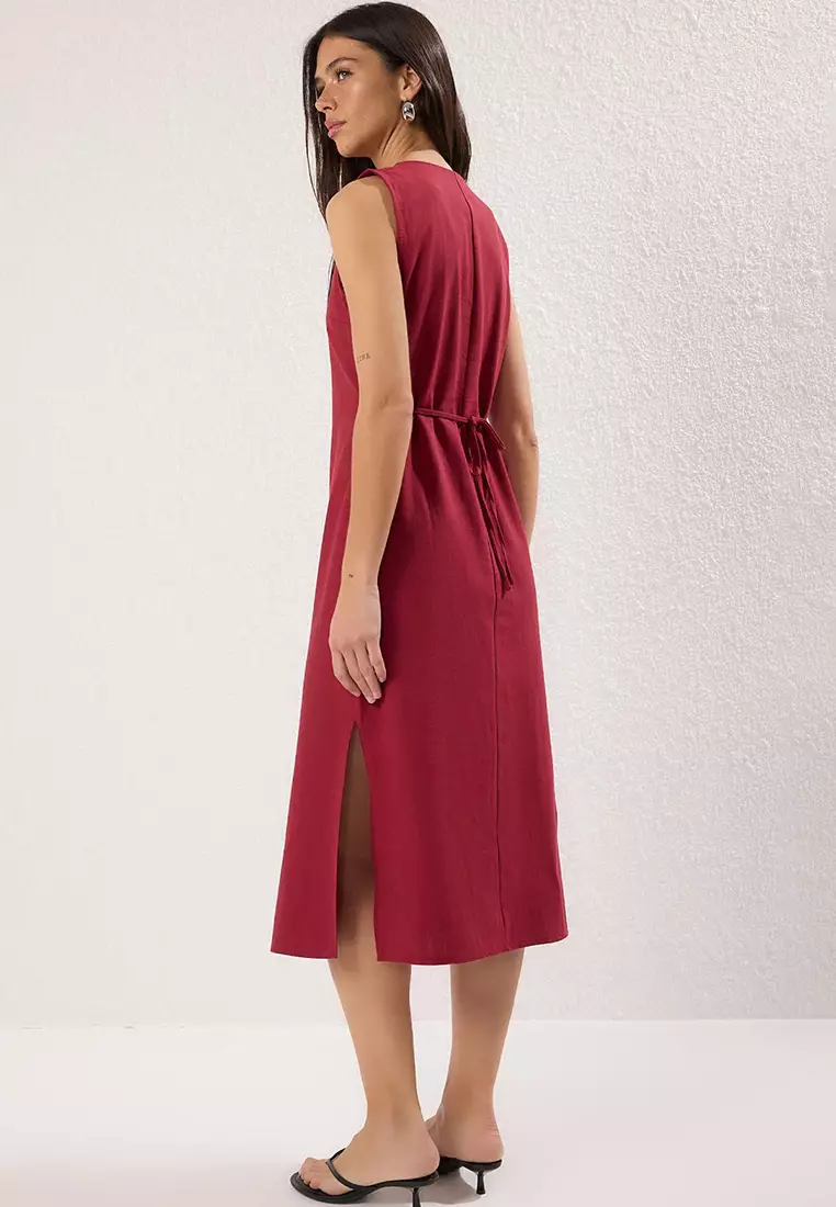 Wine Belted Linen Blend Midi Shirt Dress