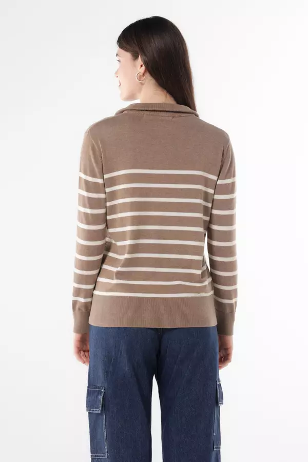MINIMAL - Reeny - Sweater Rajut Zipper Motif Garis - Light Brown