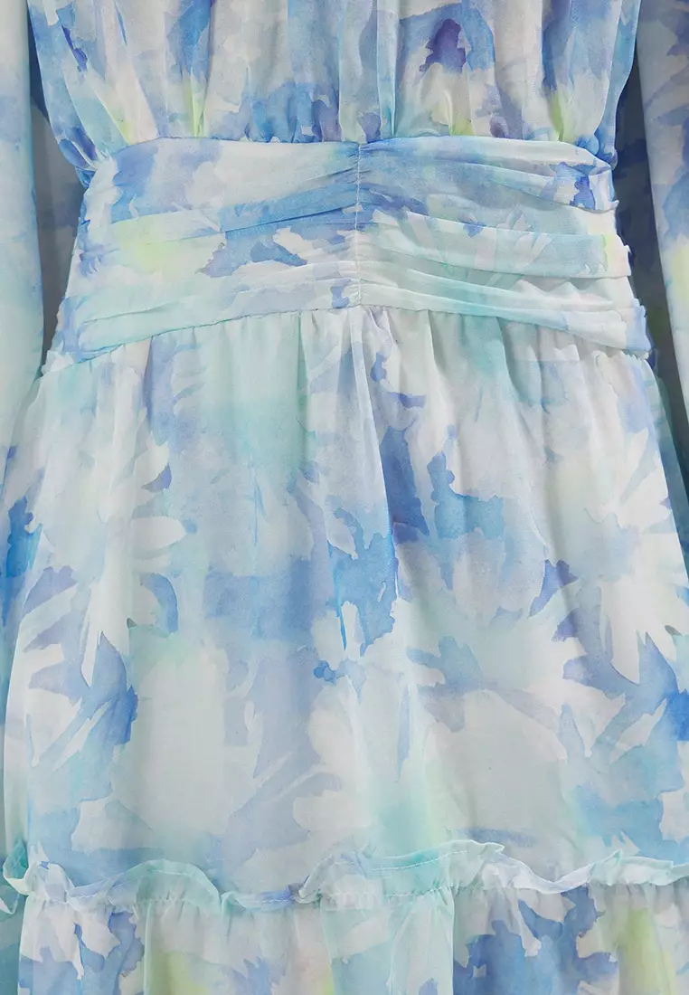 Blue Floral Pattern Lined Chiffon Woven Dress Tctss25Eb00063
