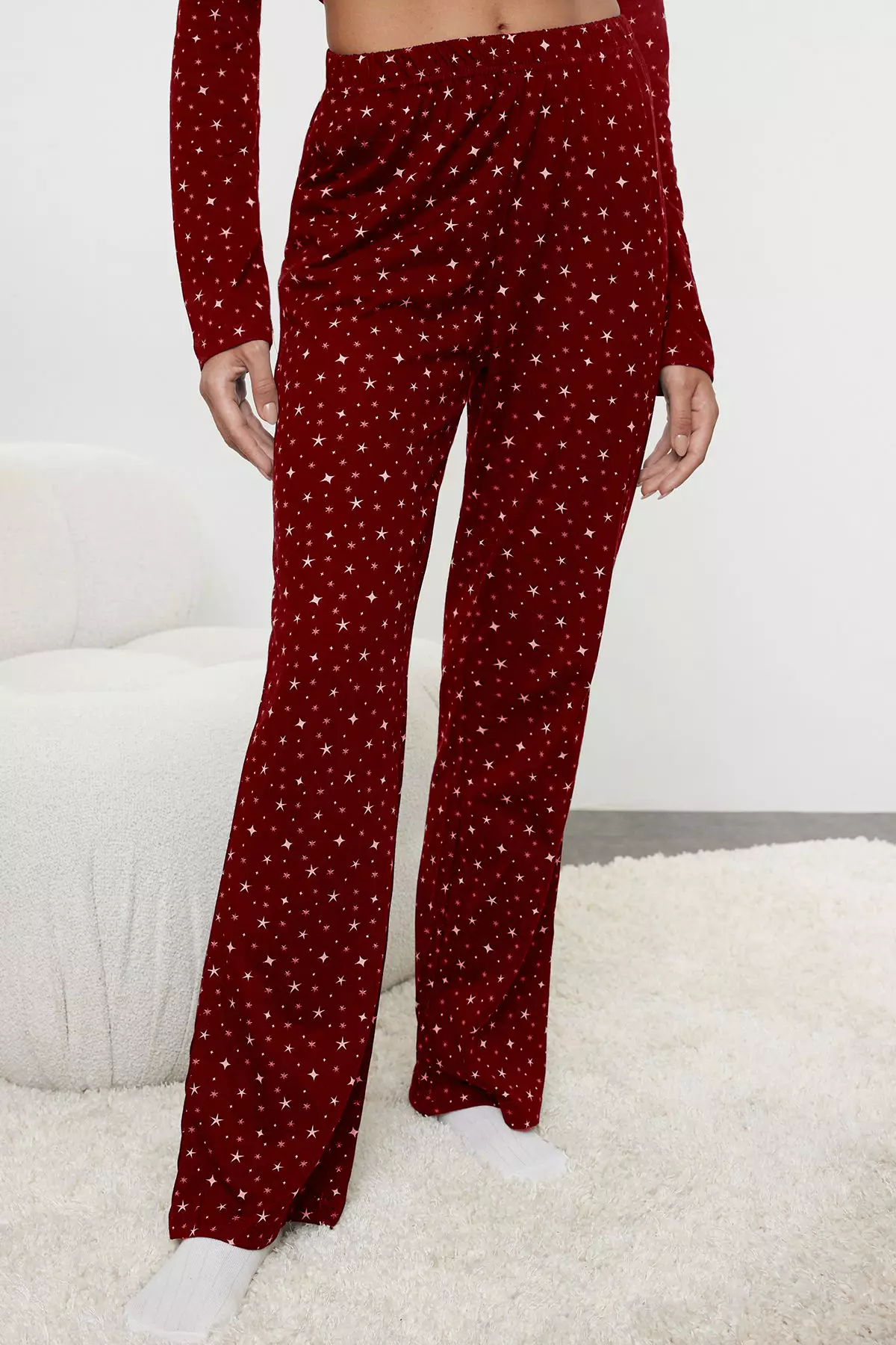Claret Red 100% Cotton Galaxy Patterned Knitted Pajama Set