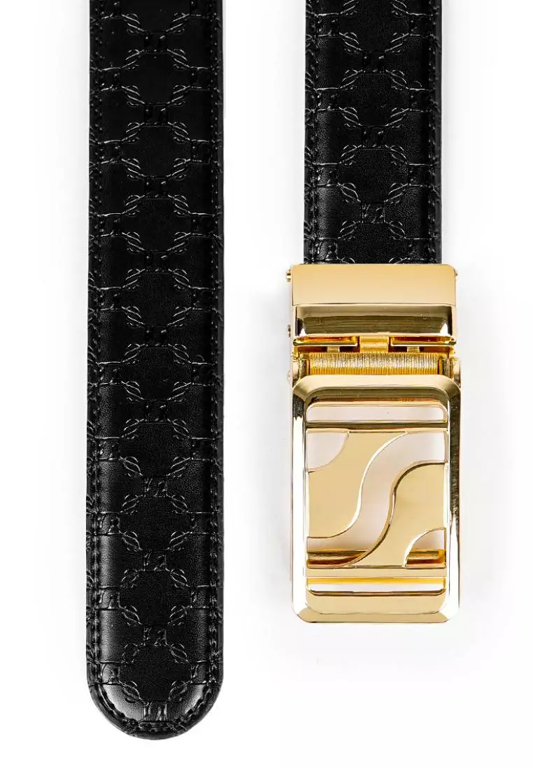 Signature Monogram HIRATSUKA Debossed Black Gold Belt for Men