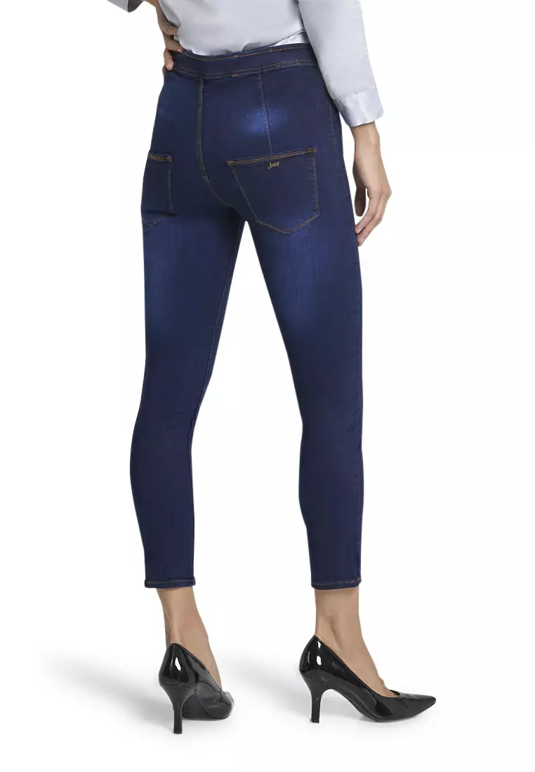 Ethelyne Celana Jeans High Waist Lipat Tulang Tengah Bawahan Wanita Casual - Navy