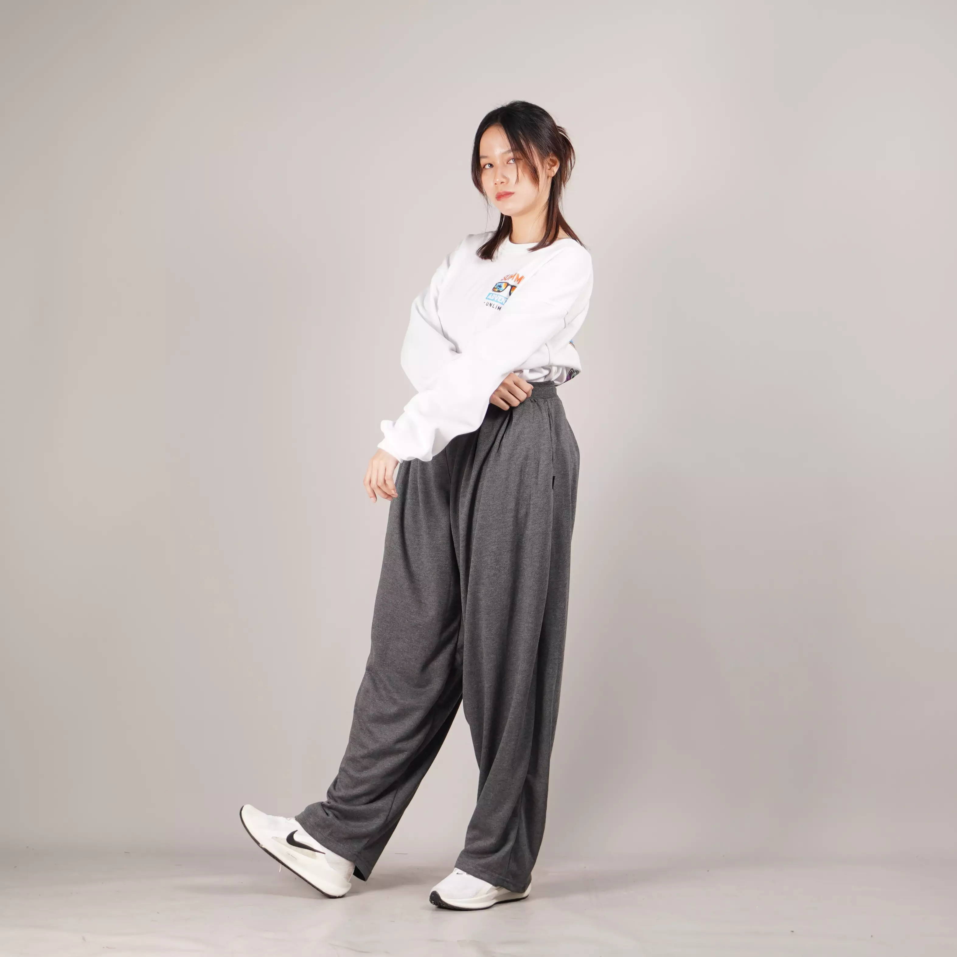 BAGGY PANTS Celana Wide Leg Celana Wanita Baggy Loose Fit Pants Celana Loose Pants - ABU TUA