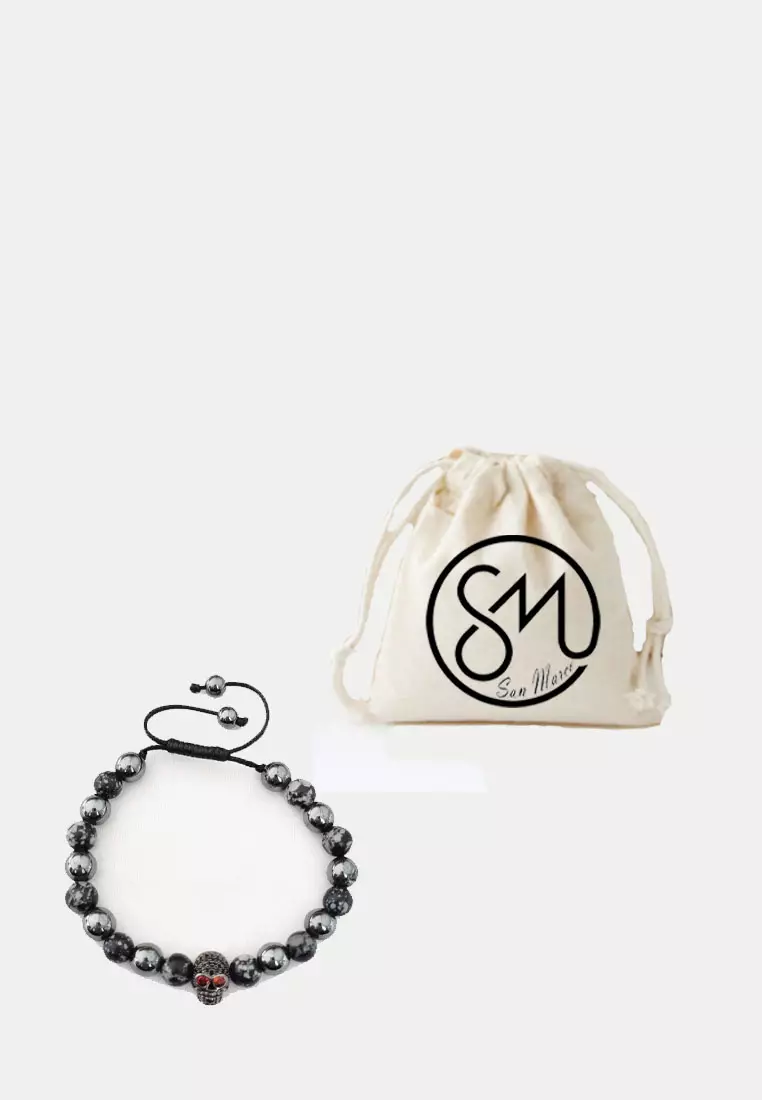 Gelang Macrame Skull Studded Charm Multi Stone Bracelet Silver