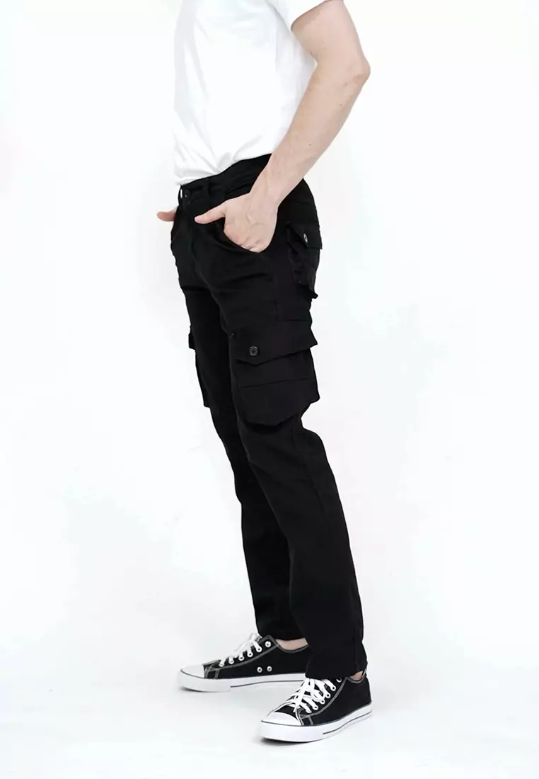 Celana Panjang kargo Pria Slim Fit Cargo pants kantong stretch melar Hitam