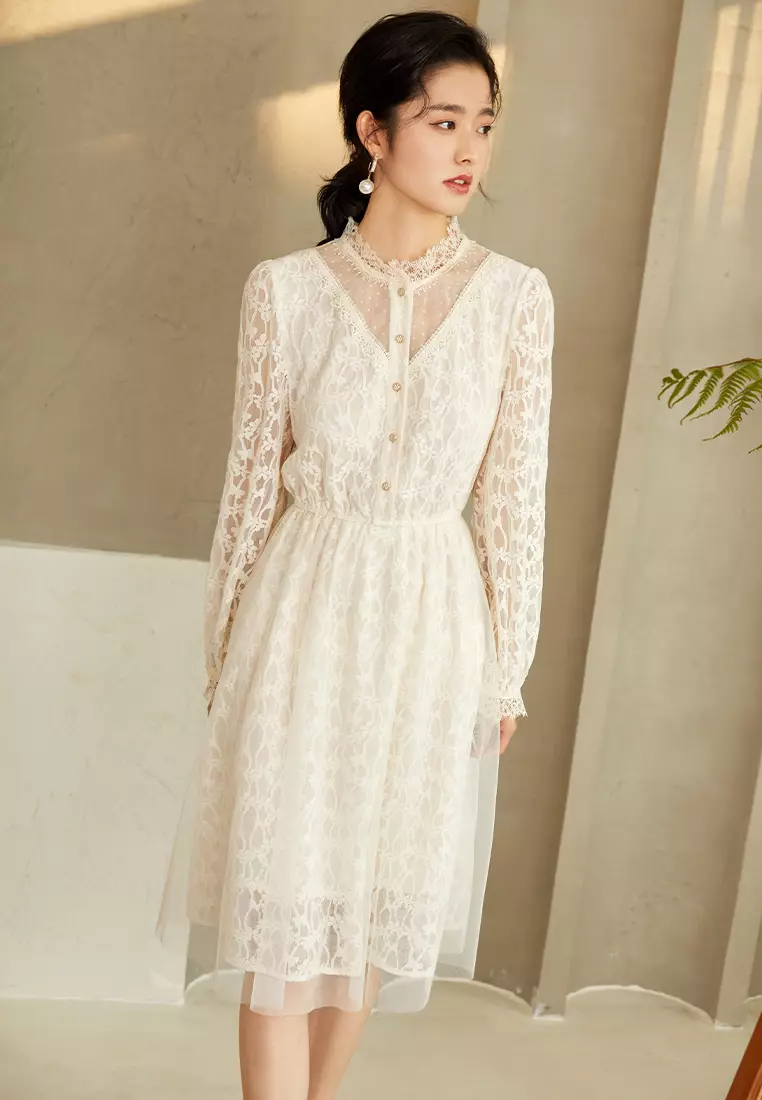 Stand Collar Lace Jacquard Midi Dress