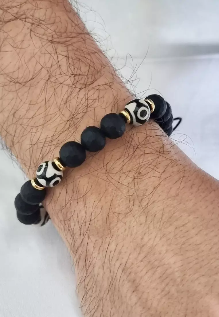 Aksesoris Pria Men's Accessories Tribal Agate Obsidian Beads Macrame Men's Bracelet Gelang Pria Black & Gold