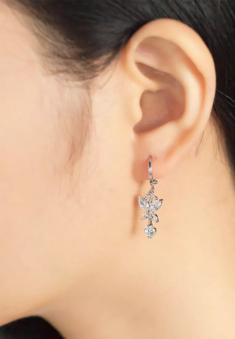 SO SEOUL Caria Butterfly Diamond Simulant Zirconia Dangle Hoop Earrings