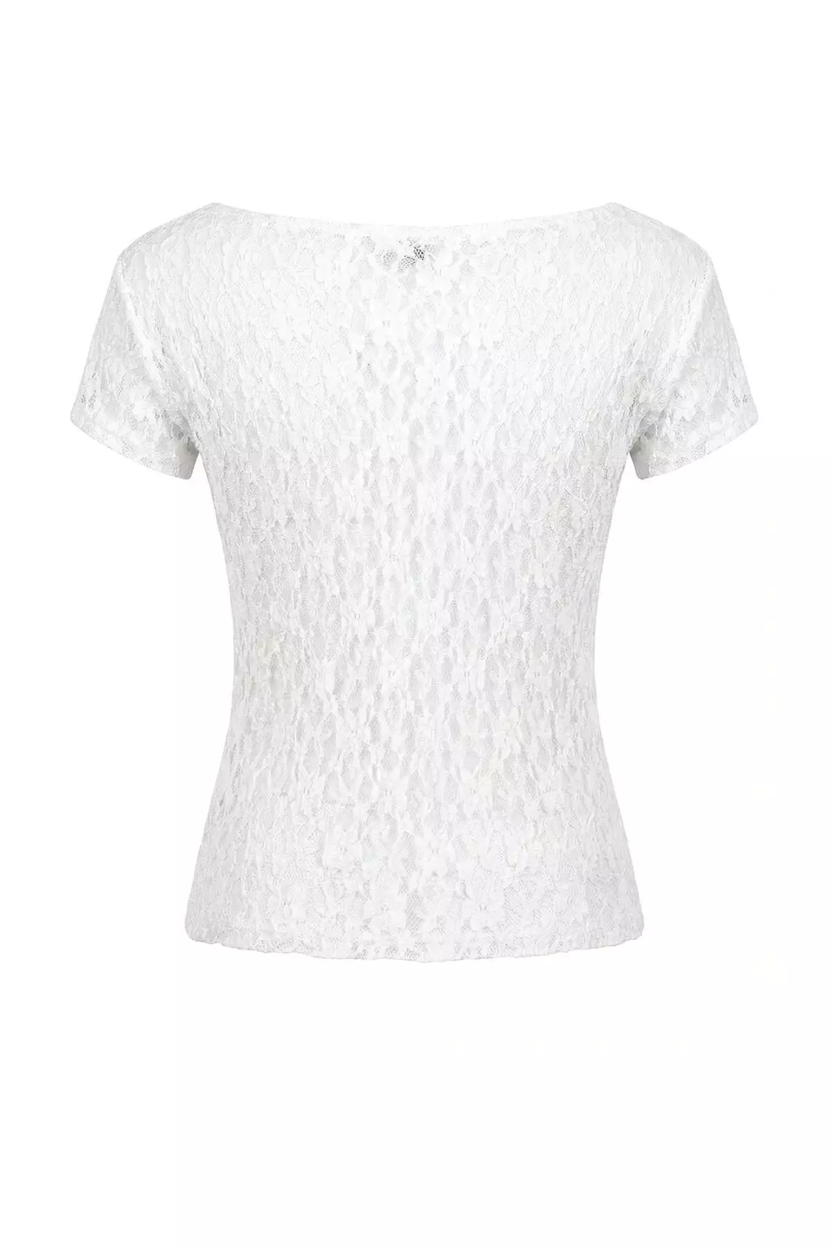 Ecru Fitted/Bodycon Boat Neck Short Sleeve Lace Knitted Blouse Twoss26Bz185