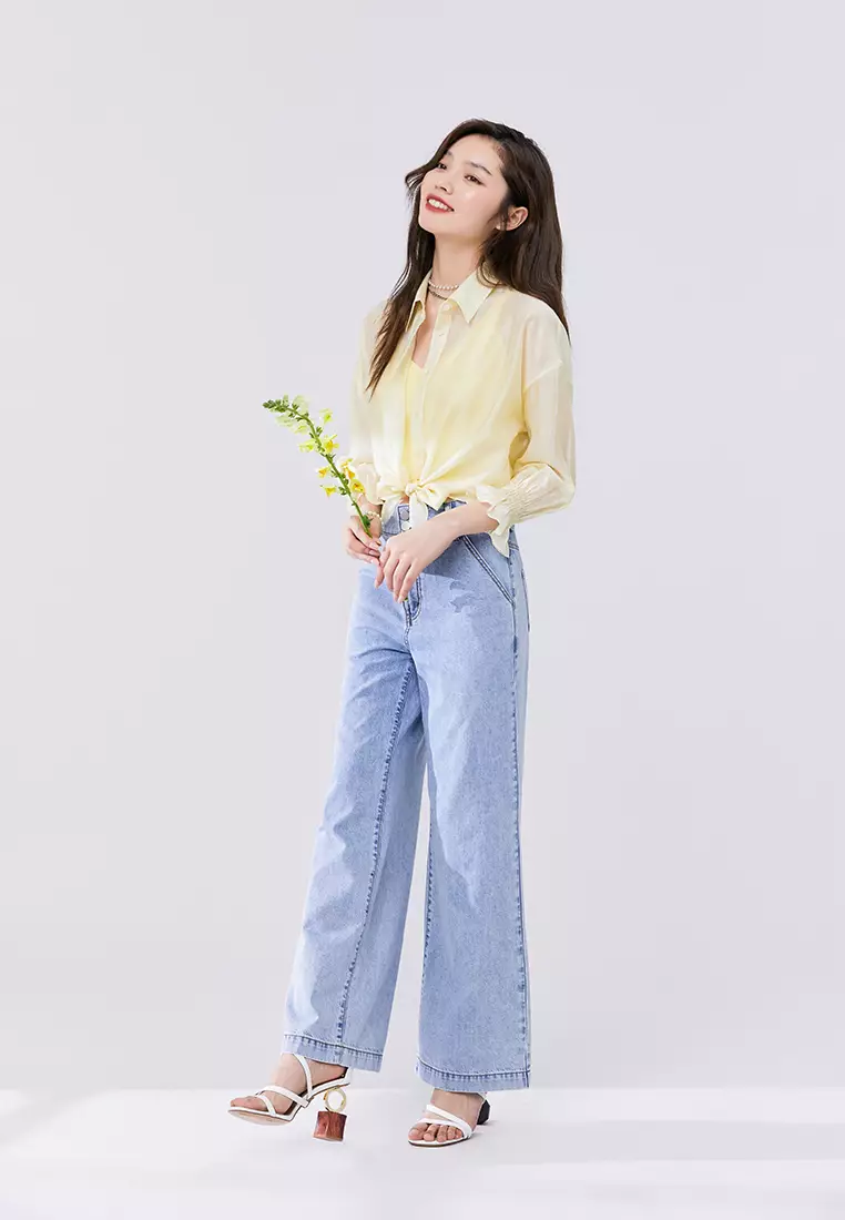 Semi Sheer Cropped Blouse With Waist Tie