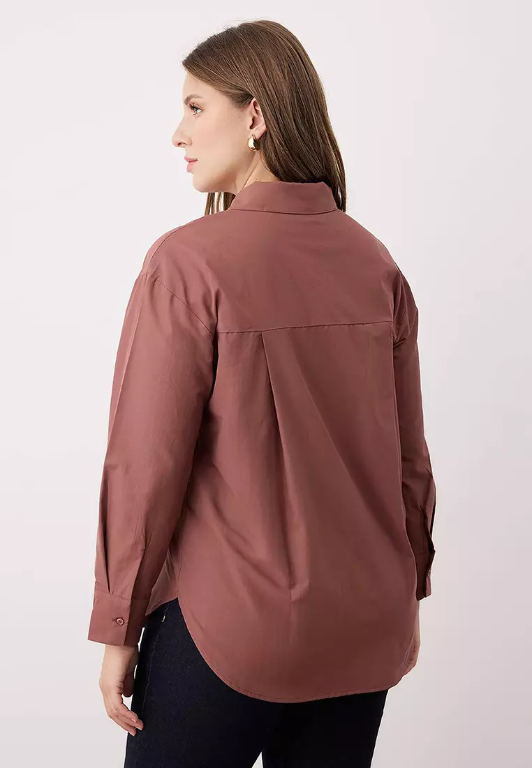 Brown Loose Fit Cotton Long Sleeve Plus Size Woven Shirt