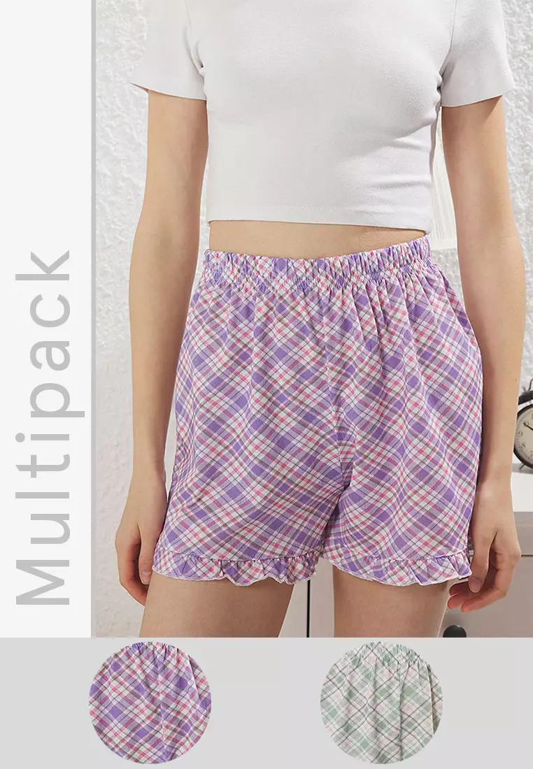 Multi-Colored 2-Pack 100% Cotton Ruffle Detail Plaid Knitted Pajama Bottoms THMSS25PJ00042