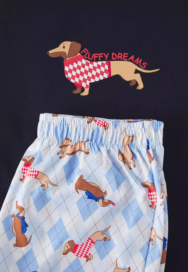 Navy Blue Family Regular Fit Dog Printed Knitted Pajama Set TMNSS25PT00066