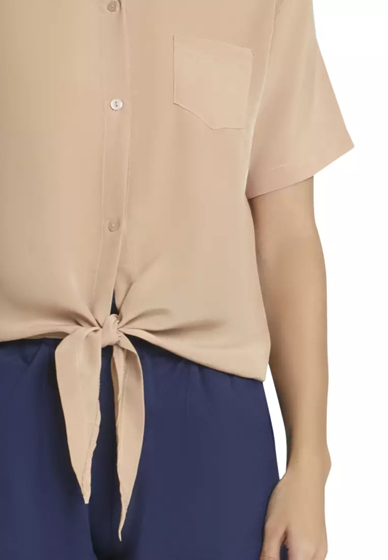 Roseanne Blouse Short Sleeve Motif Solid Atasan Baju Wanita Casual - Coklat Susu