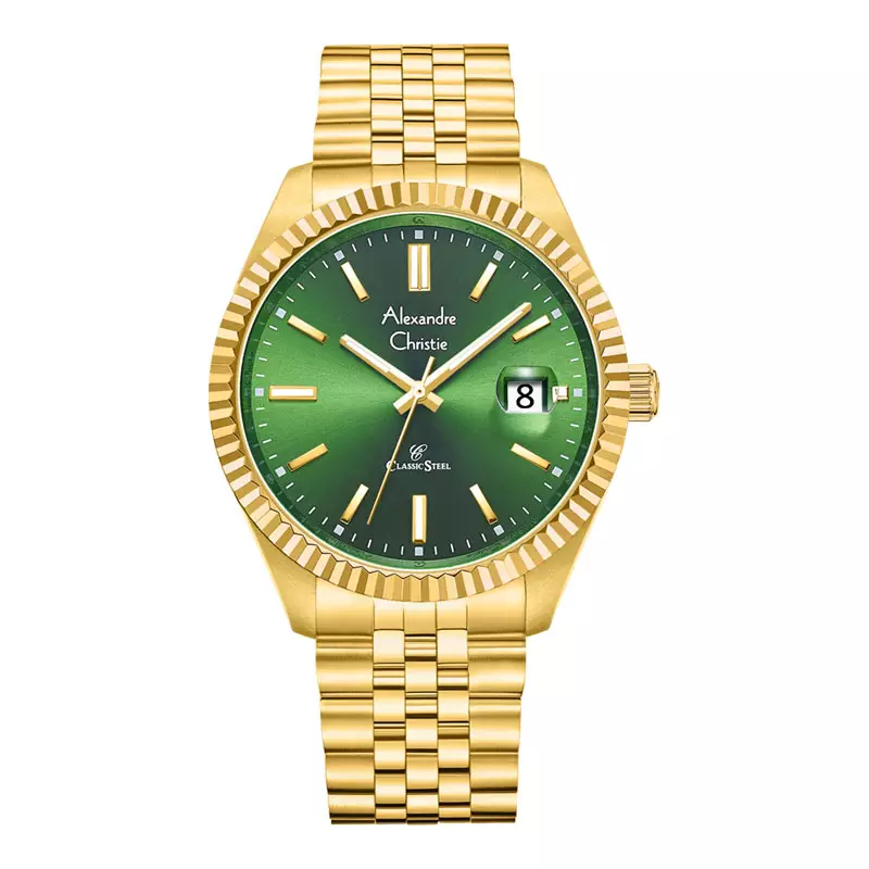 Jam Tangan Pria Alexandre Christie Classic Steel AC 5002 MD BGPGN Men Green Dial Gold Stainless Steel Strap
