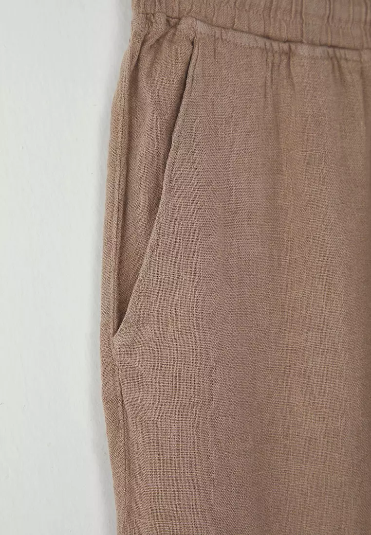 Beige Limited Edition 100% Linen Regular Fit Trousers  TMNSS24PL00018