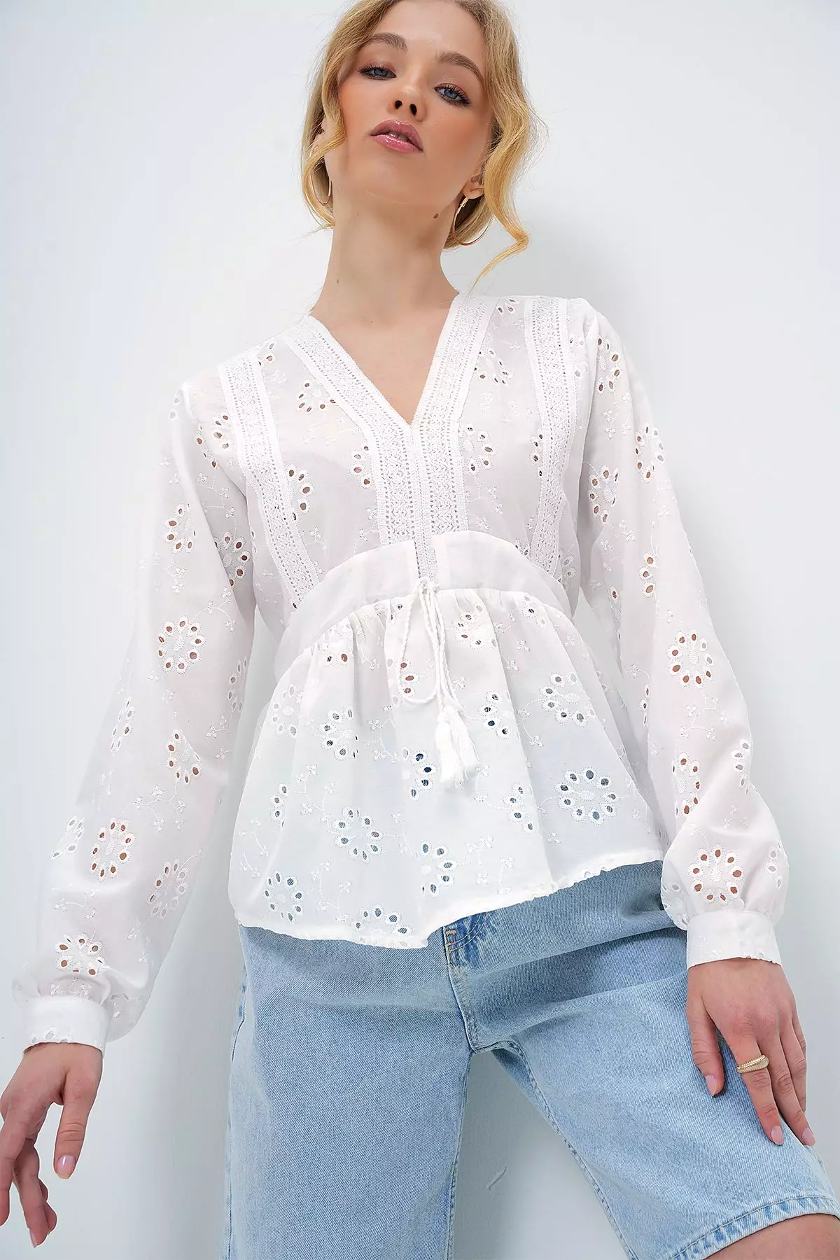 Women's White V Neck Tie Detailed Embroidered Weaving Blouse