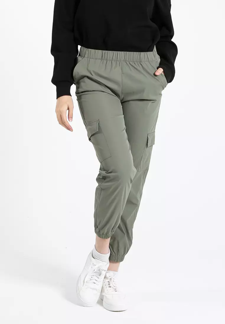 Forest Ladies Polyester Elastic Waisted Cargo Pants Women Casual Jogger Long Pants - 810494-48Olive