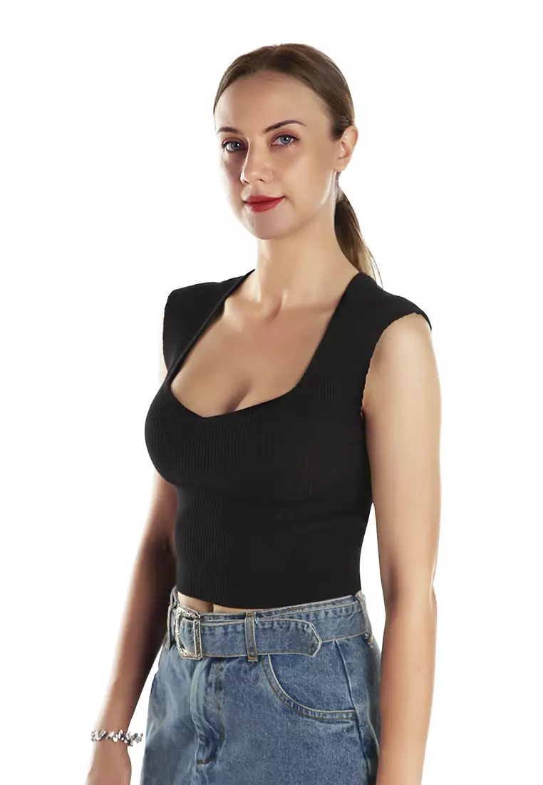Square Neck Fitted Top In Black