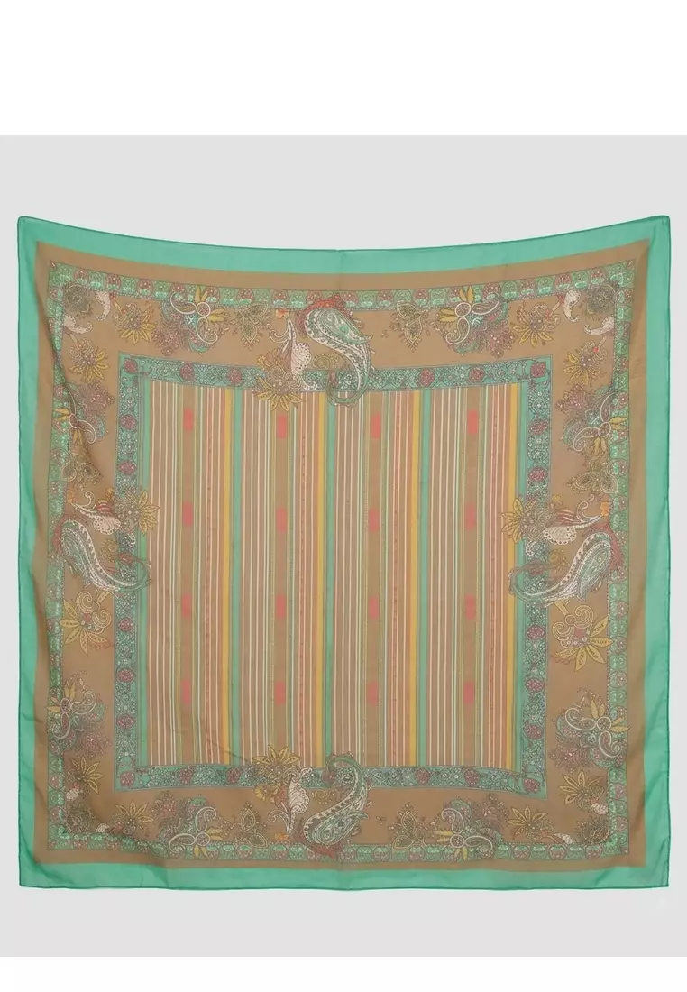 Aksesoris Wanita Lines & Paisley Printed Chiffon Large Square Scarf Segi Empat Besar Turquoise & Multi