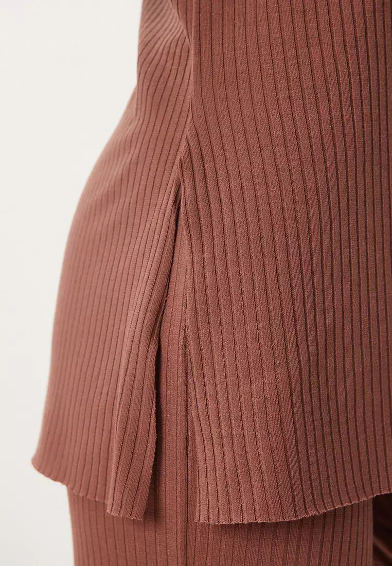 Comfortable Ribbed Knitted Blouse Trousers Set