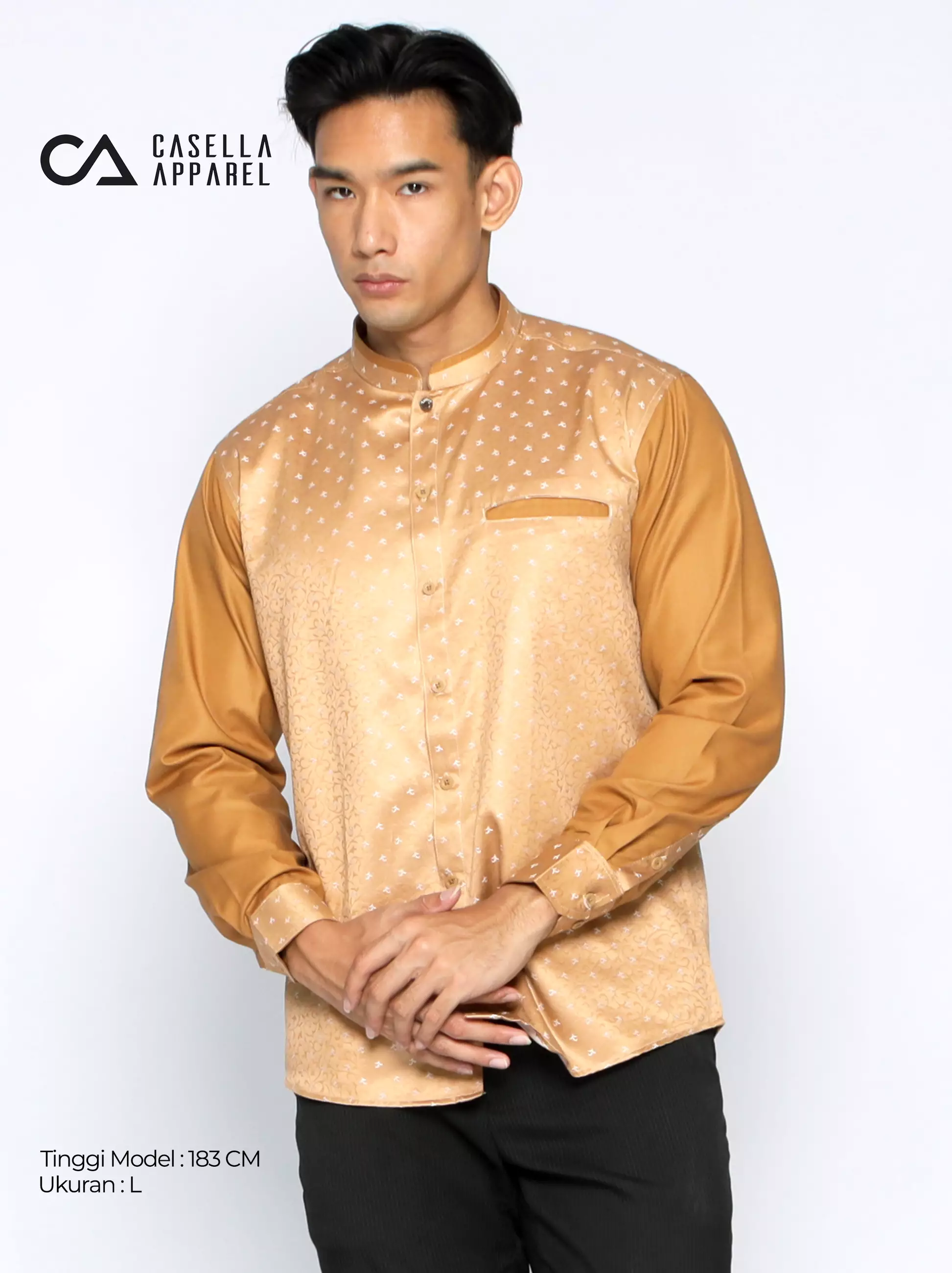 Casella Baju Koko Pria Lengan Panjang Kombinasi Batik Jeddah Design 9925 Gold