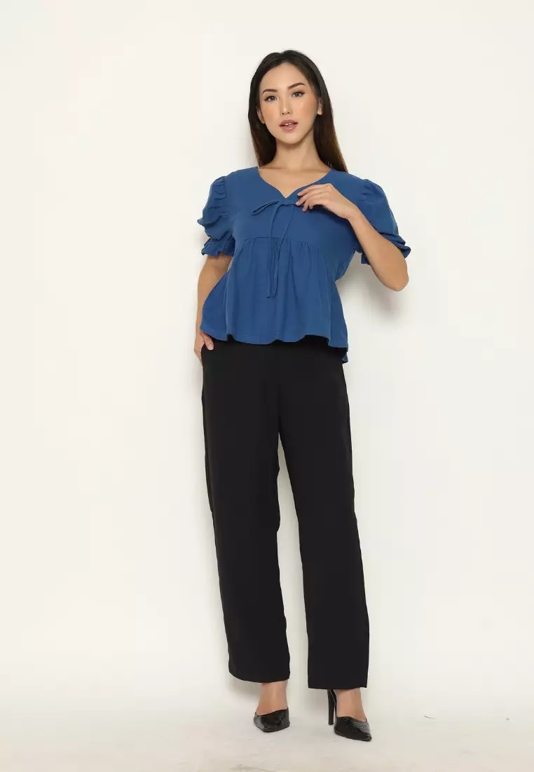 Urban Exchange Ziva Blue Blouse - Atasan Blouse Puff Sleeves Warna Blue