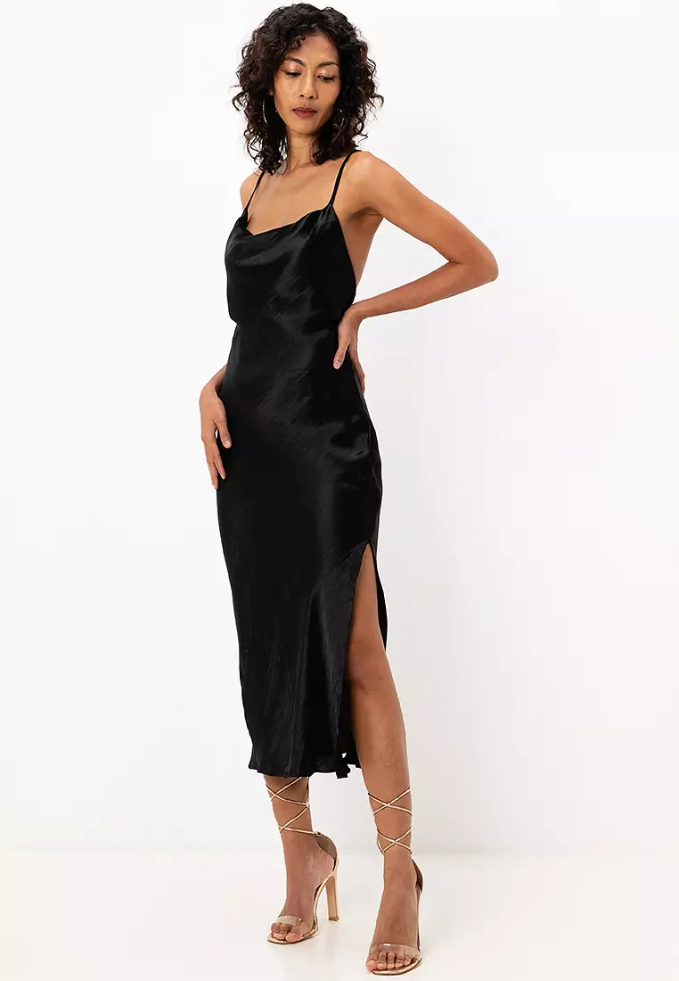High Shine Satin Lace Up Back Midi Slip Dress