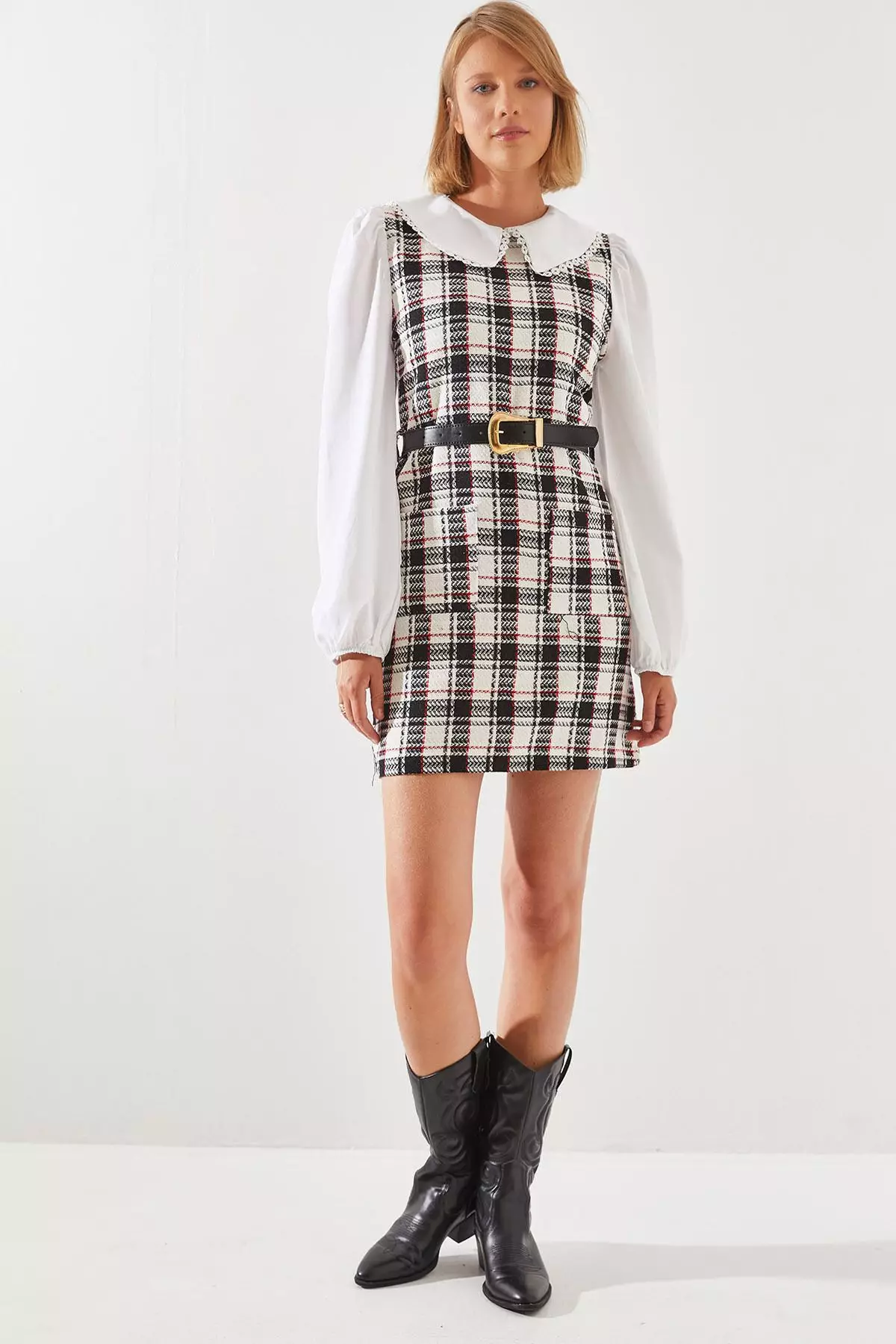 Women's Belted Plaid Patterned Collar Dress