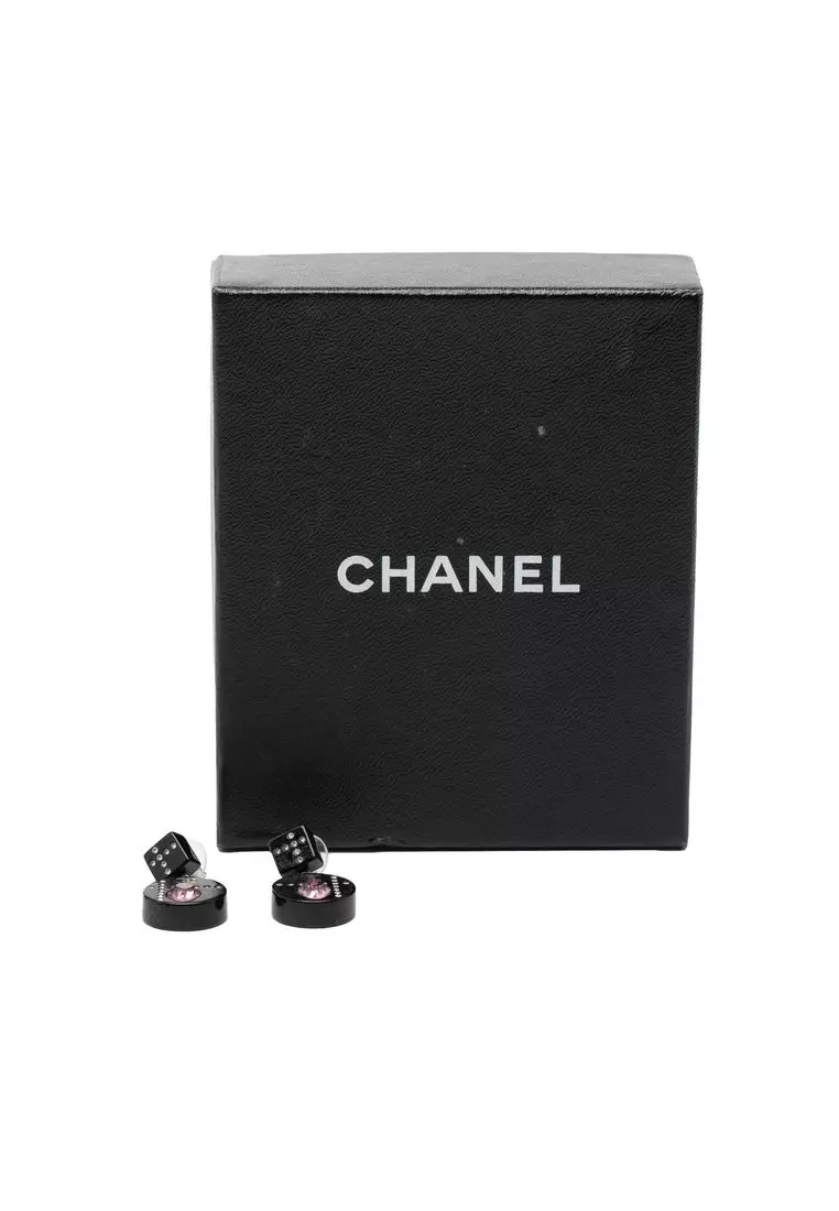 Pre-Loved Chanel Resin Cc Dice And Heart Crystal Drop Push Back Earrings